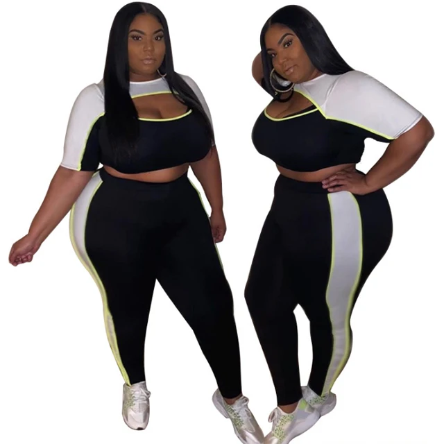 

GX660A Clothing vendor gongxia fashion color patchwork hollow crop top and pants outfit plus size womens 2 piece sets, Picture