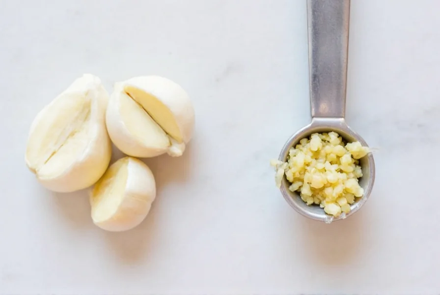 Side-by-side comparison of whole garlic cloves next to their minced equivalents in measuring spoons