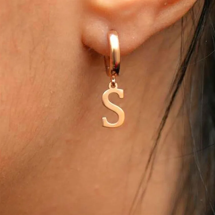 

Q1007 Women Stainless Steel Tiny Initial Letter Earrings Girls Lever Back Dangle Earrings, 2 color