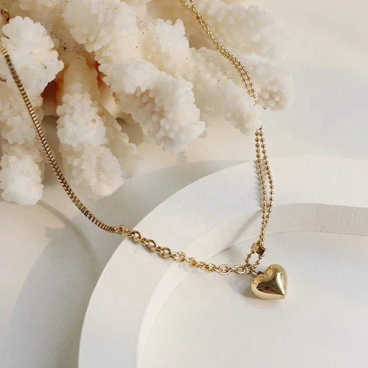 

Chain Necklaces Statement Bohemian Jewelry Stainless Steel Triple Chain 18K Gold Plated Puff Heart Pendant Chain Women Necklace, Gold/silver/rose gold
