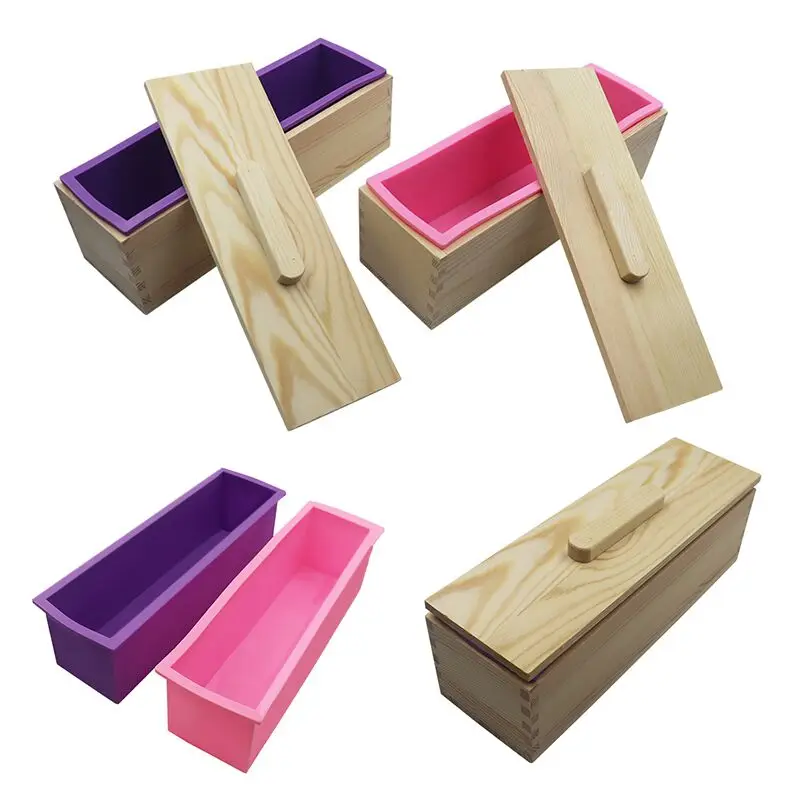 

Rectangle Silicone Loaf Soap Mold With Wood Box And Cover Lid DIY Tool For Soap Cake Making, Blue,purple ,pink or according to your request .