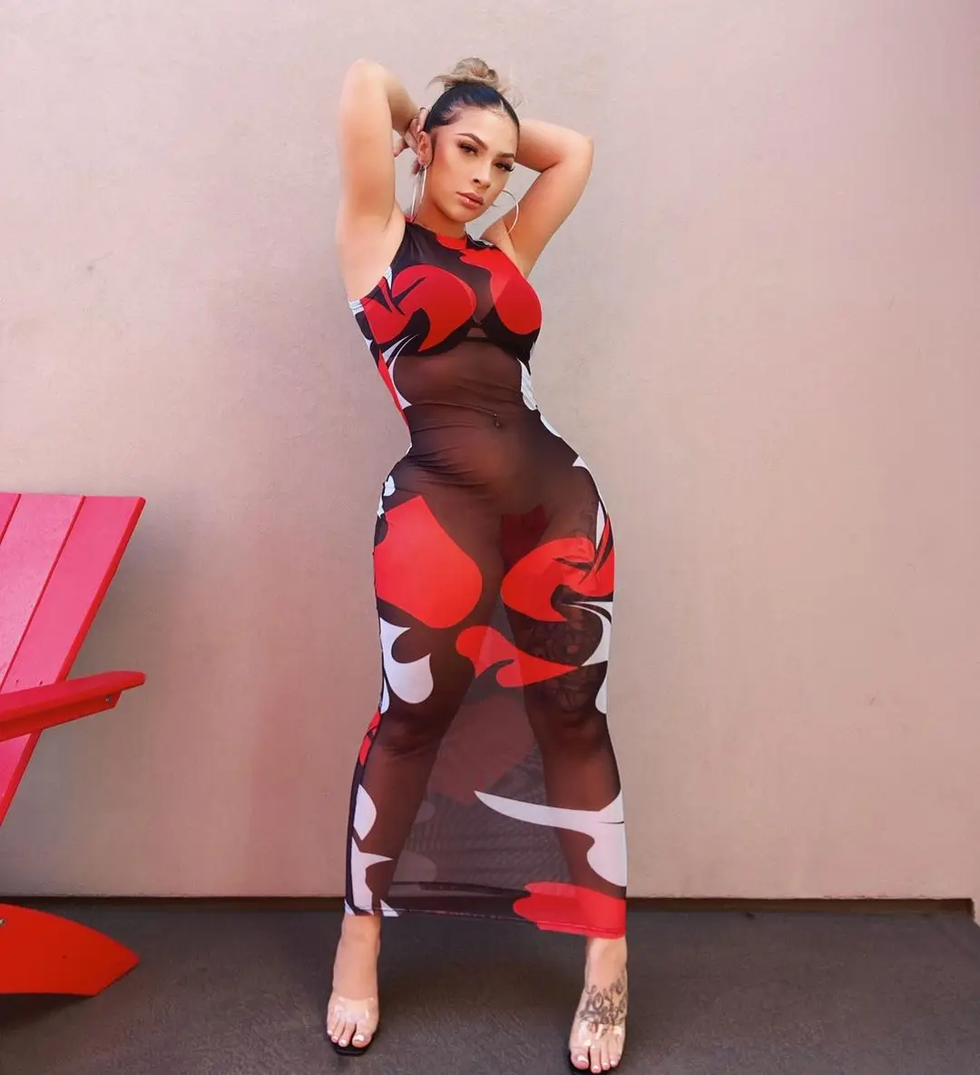 

Free Shipping R04007 - Women Sexy Mesh Sleeveless Printed Midi Dress