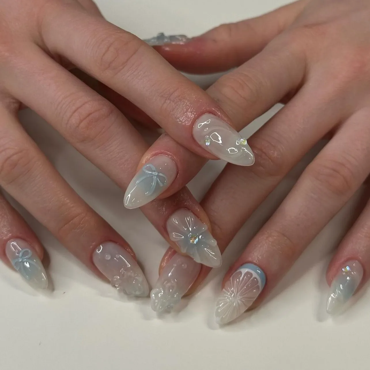 24 Pcs 3D French Blue Ombre Bow Lemon Nail Art Acrylic Press on Nails Artificial Fingernails Customize False Nails 3425