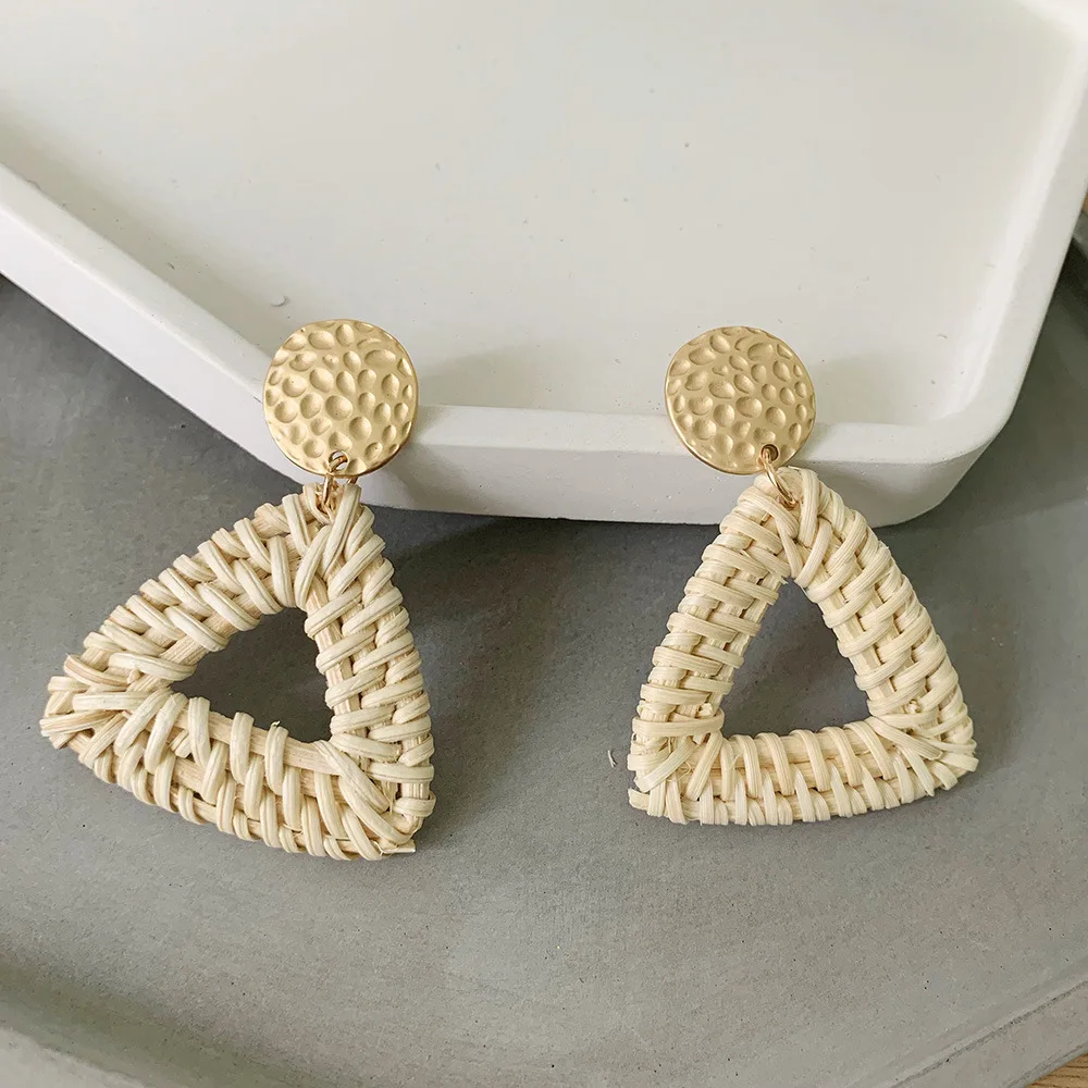 

2021 Summer Bohemian Geometric Bohemian Vintage Earrings Jewelry Triangle Drop Dangle Bohemian Rattan Weavy Earrings for Women, Beige