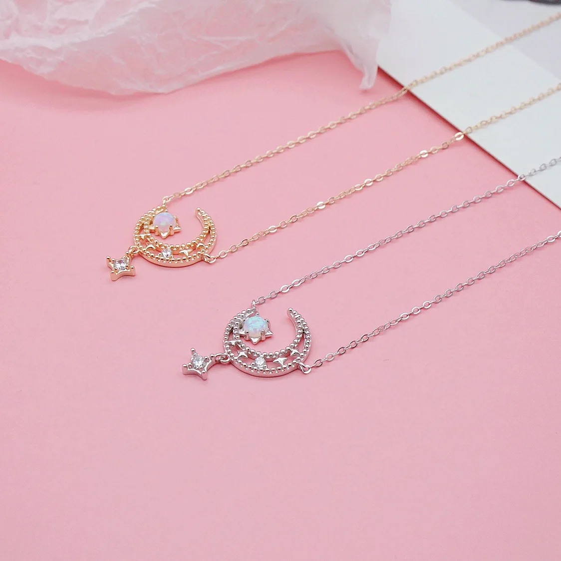 

New arrival 925 sterling silver necklace moon star pendant opal necklace