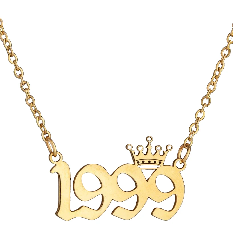 

Dropshipping 1980-2020 New Stainless Steel Birth Year Necklaces old english Custom Number Personalized crown year Necklace, Silver and gold