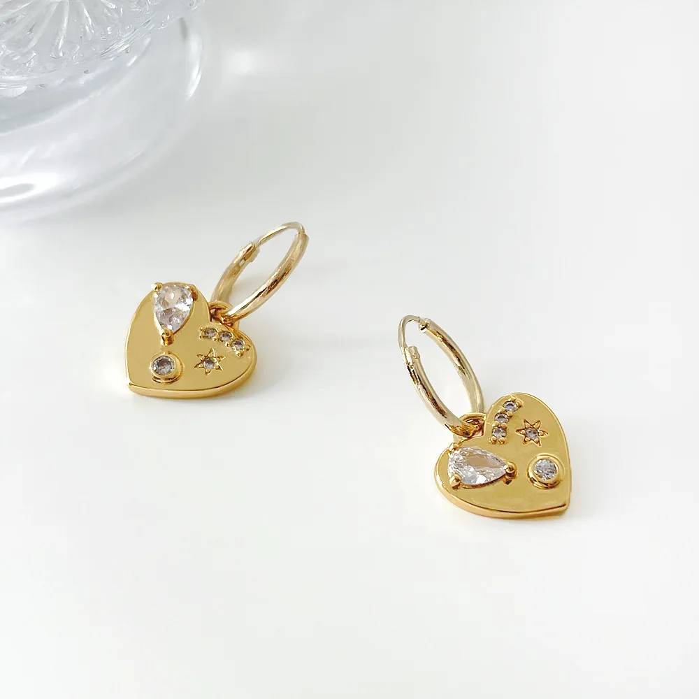 

New Fashion Inlaid Cubic Zircon Heart Shape Drop Earrings 14K Gold Plated Crystal Rhinestone Heart Hoop Earrings