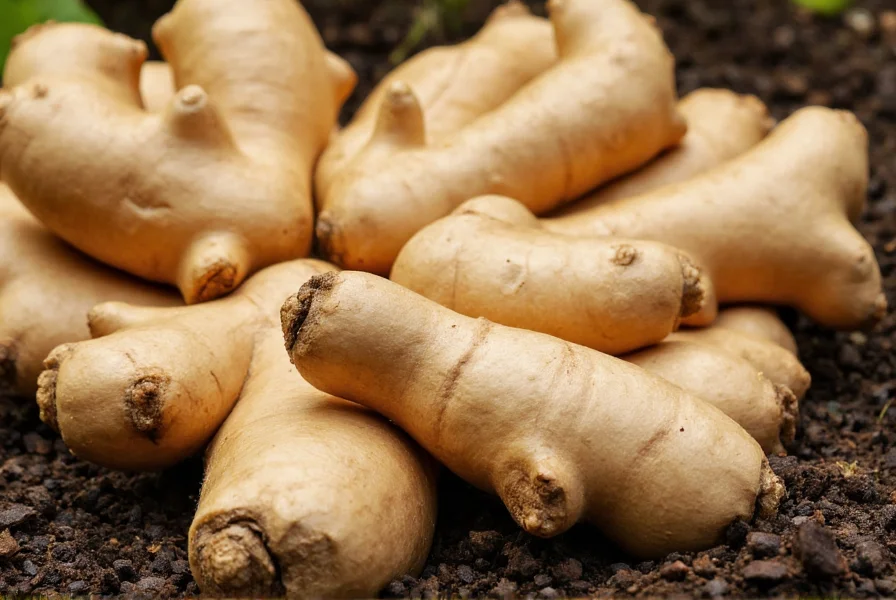 Close-up view of healthy ginger rhizomes showing plump, firm texture with multiple growth nodes in well-drained soil
