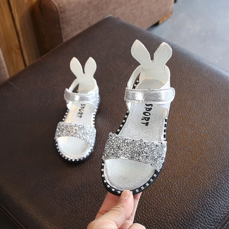 

Wholesale Silver Shiny Rhinestone Flat Sandals Kids Leather Sandals Little Girls Shoes Sandals, Black pink silver