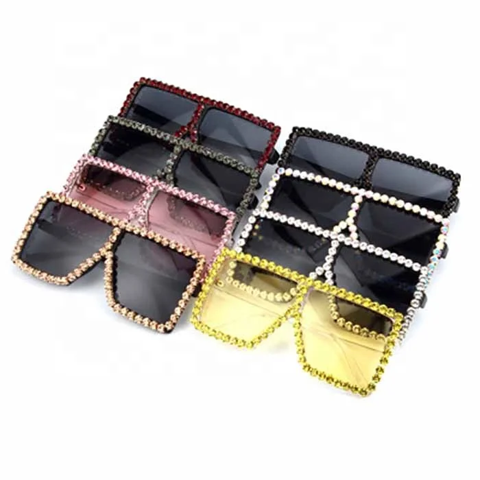 

Gafas De Sol Custom Fashion Clear Lens PC Crystal Diamond Vintage Retro Sun Glasses Women Square Oversized Rhinestone Sunglasses, Customized color