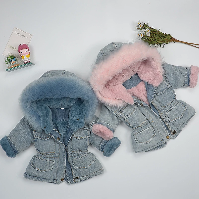 

New Toddler Coat Jacket Kids Baby Girls Hooded Faux Fur Fleece Warm Thick Denim Coat Outwear child Fashion Winter Warm Costume, Picture shows