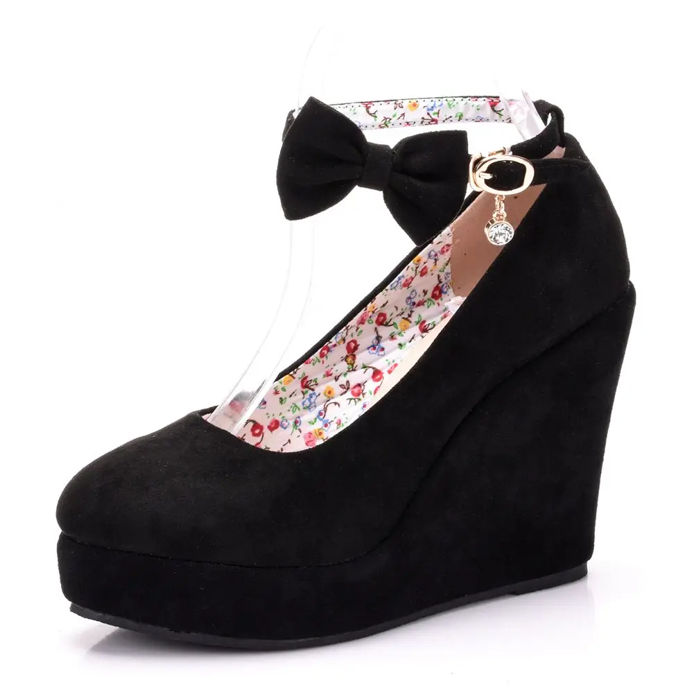 

Black Flock Spring Autumn Ankle Strap Round Toe Platform High Heels Wedge Pump Shoes Wedges Shoes