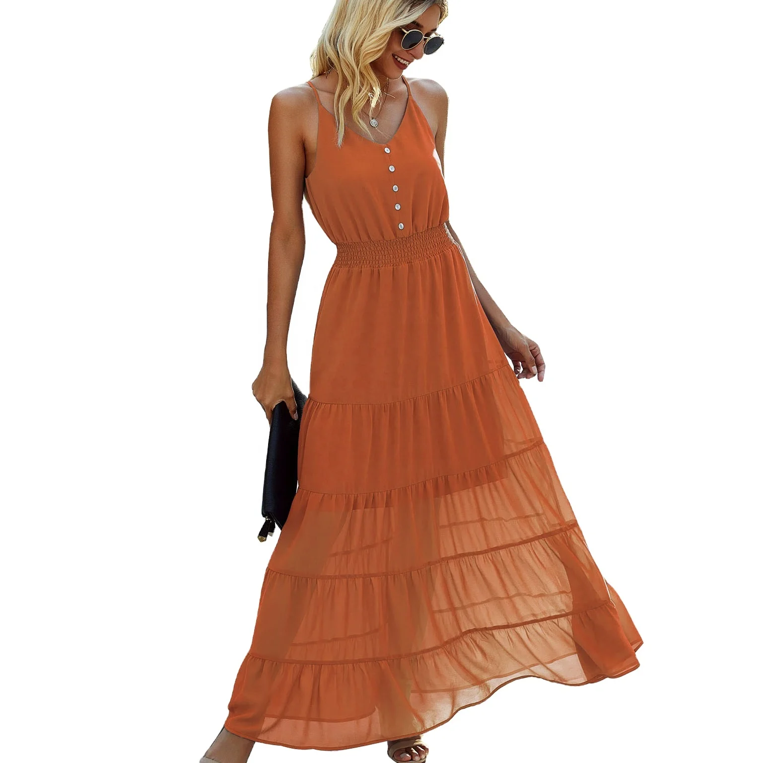 

Wholesale Ladies Double-layer Button Ruffle Maxi Dress Pure Color Sling Chiffon Dress, White,black,blue,orange