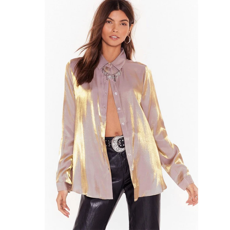 

Gold Metallic Turn Down Collar Blouson Sleeves Button Closure Relaxed Shirt