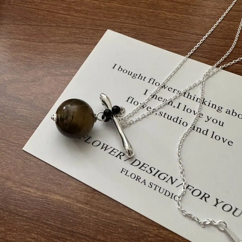 925 Sterling Silver Round Tiger Eye Stone Sweater Chain Pendant Necklace for Women Gifts Jewelry