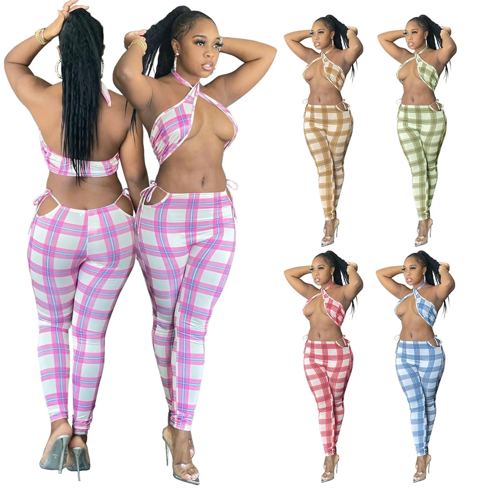 

MD-20042613 Wholesale Two Piece Set Summer Wrap Crop Tops Hollow Out Club Wear Halter 2 Piece Pants Set for Women