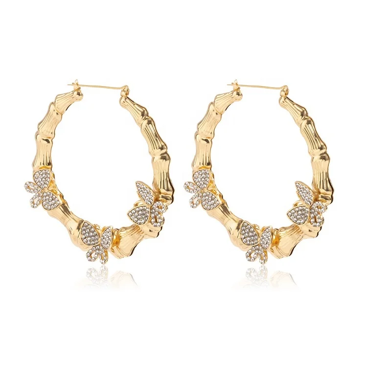 

HIp Hop Gold Silver Color Plated Earring Big Circle Bamboo Hoop Earring Crystal Butterfly Hoop Earrings, As picture display.