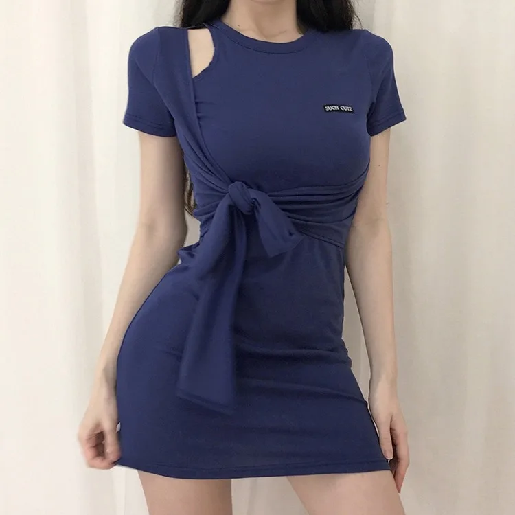 

O Neck Casual Women Bodycon Knitted Dress Women Short Sleeve Party Club Mini Wrap Dress 2021