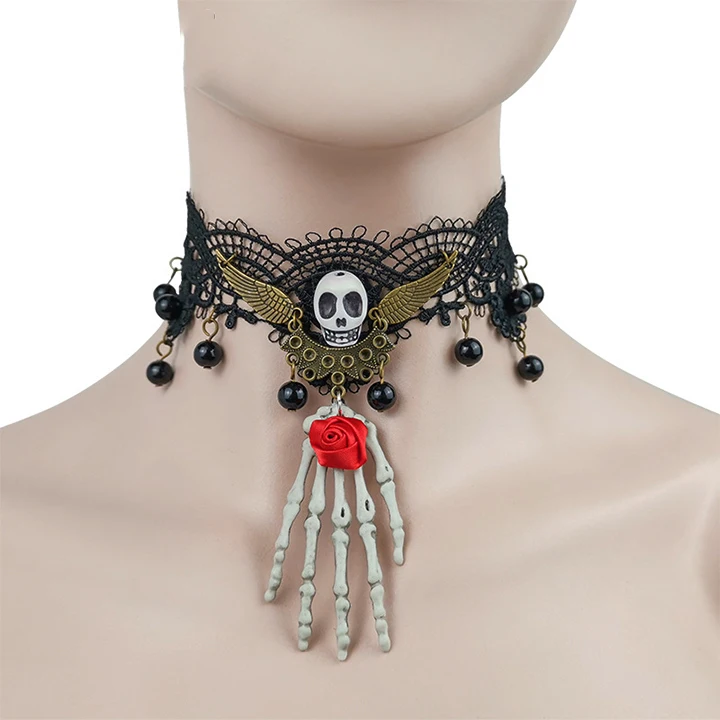 

Fashion Skull Hand Charm Necklace Lace Choker Necklace Halloween Necklace for Women, Picture shows