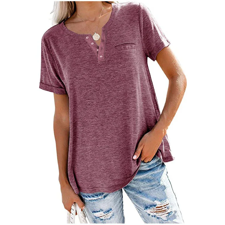 

V-neck Short Sleeve T-shirt with Buttons Summer Cotton Base Top for Women