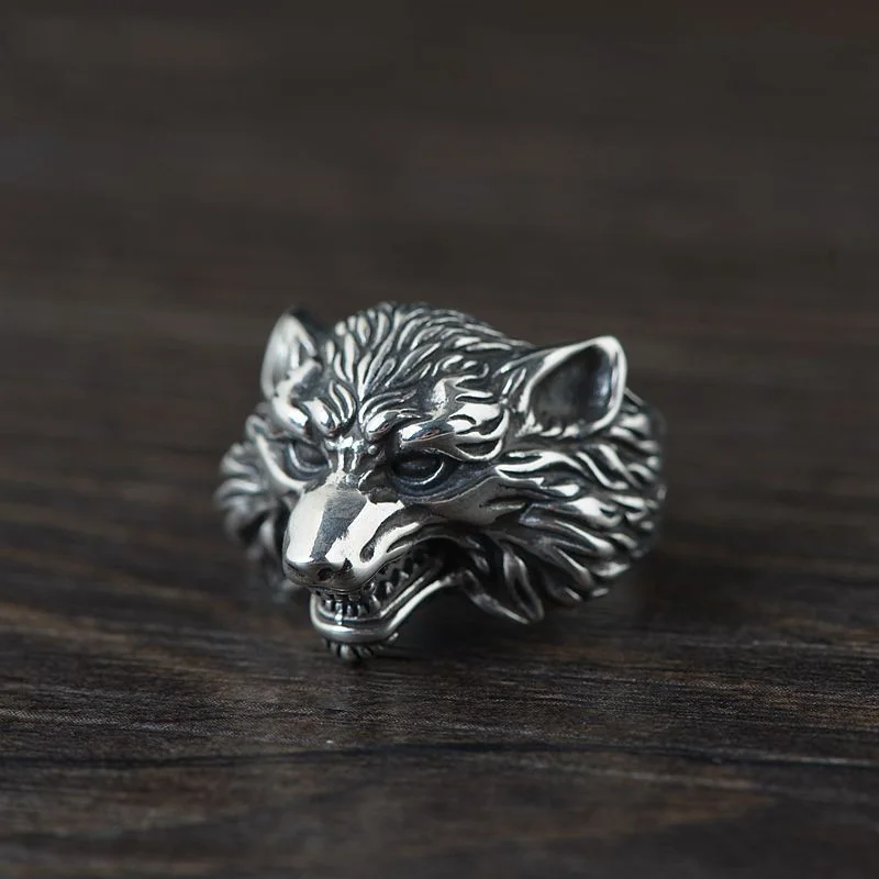 

S925 Sterling Silver Vintage Thai Silver Ring for Men Three-dimensional Wolf Head Open Index Finger Silver Ring