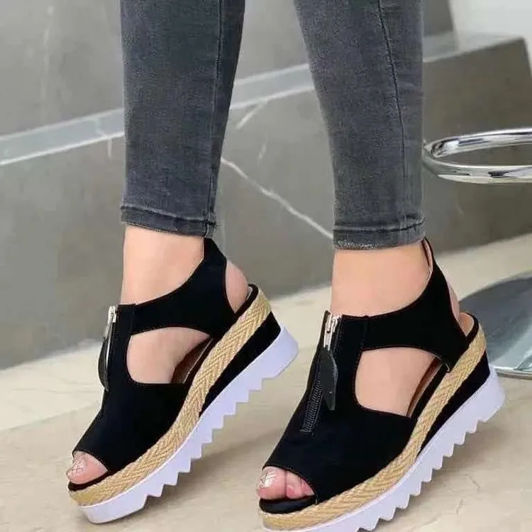 

DEleventh new fashion summer wedge heel cutout open toe women suede shoes platform zipper detail lady espadrille sandals