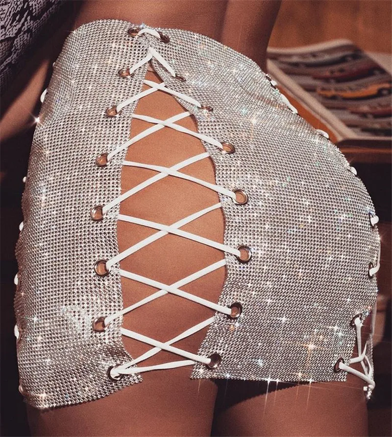 

Hot Selling Sexy Mini Skirt Lace-Up Women Fashionable Pencil Skirt Club Wear Rhinestone For Clothing