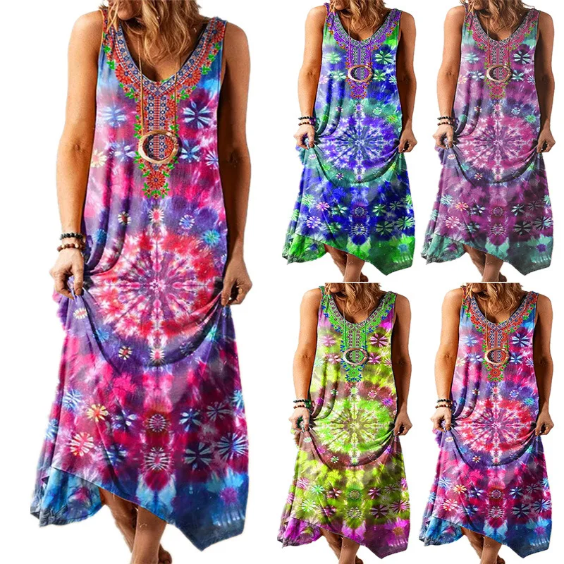 

2021 Summer sexy fashion Loose plus size women clothing dress printed tank top casual dress, As pic