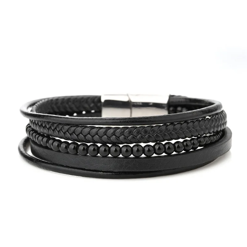 

Hot Selling Stainless Steel Clasp Glossy Beads Leather Braided Bracelet Multi Layers Natural Stone Bead Leather Bracelet