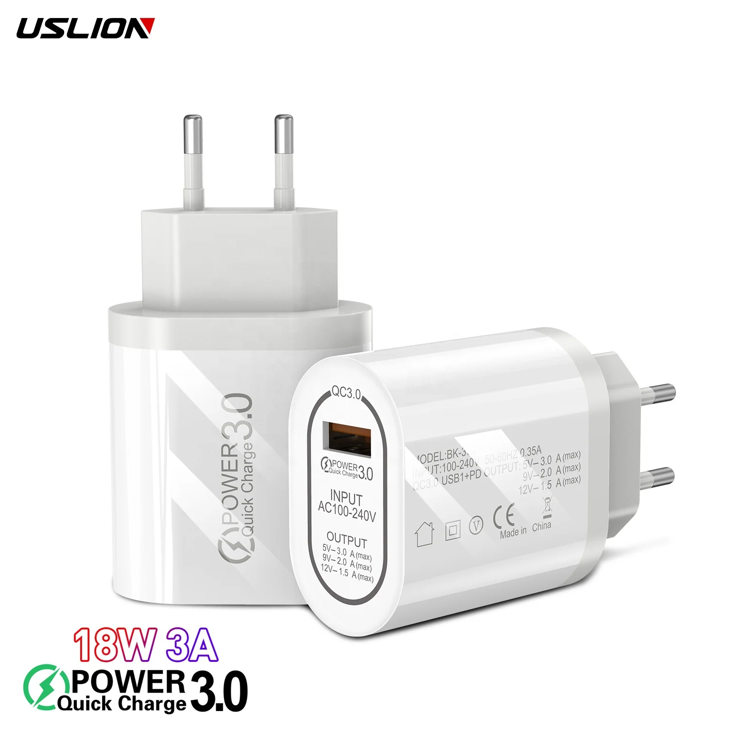 

USLION Wall Adapter Quick Charge 3.0 Mobile USB Phone Charger For Samsung Fast Wall Charging EU Plug for iphone, Black/white