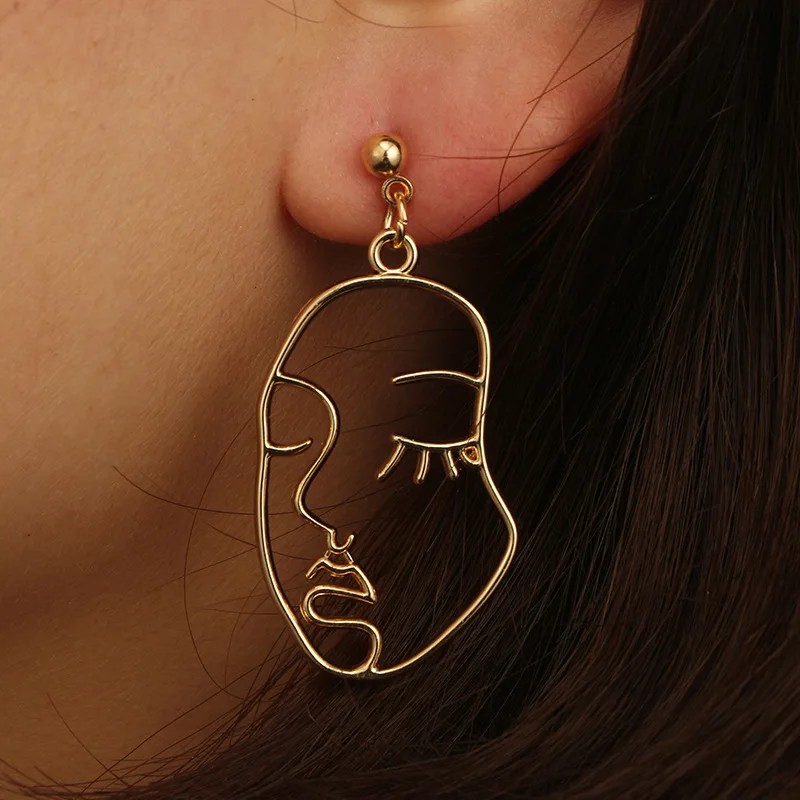 

New Abstract Angel Face Drop Earrings Girls Eyelash Hollow Out Alloy Metal Fashion Dangle Earrings Simple Jewelry, As shown