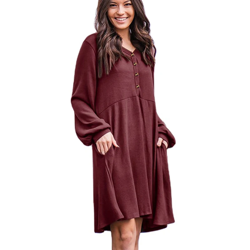 

Women's Solid Botton Dress Long Sleeve V-Nevk Loose Dress Fashion Ladies Summer Midi Dresses