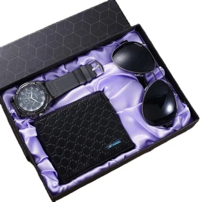 

Brand New Watch Set For Men Hot Sale 3 Pcs Gift Sets With Wallet Sunglasses Belt Pen Casual Quartz Watch For Husband Boys Reloj, 2 colors