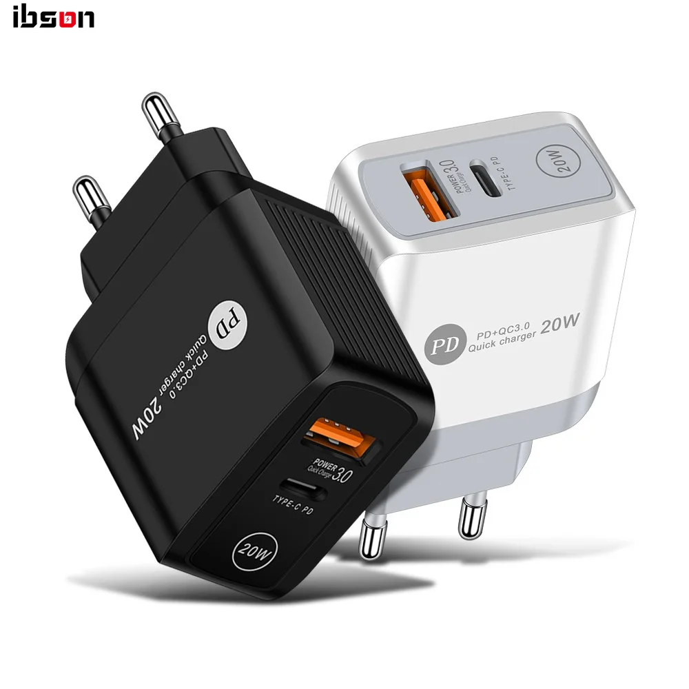 

20W QC 3.0 PD Dual USB Wall Chargers US EU UK Plug For Iphone 11 12 Pro Max X Xr 7 8Plus Samsung Note 20 Adapter, Black white