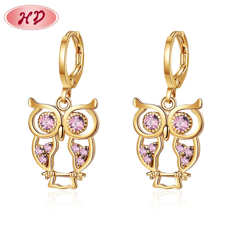 

Fashion Jewelry Brass 18K Gold Plated Cubic Zirconia Holiday Cute Animal Owl Pink Dorp Earrings For Women