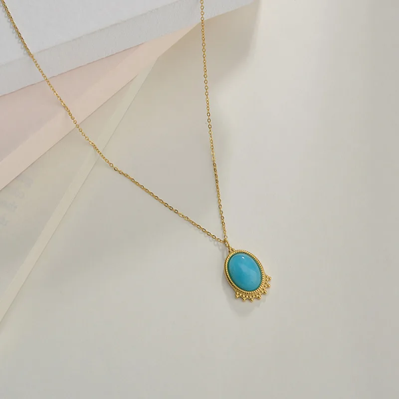 

Women Stainless Steel Semi Precious Blue Turquoise Oval Pendant Necklace Jewelry With Stones