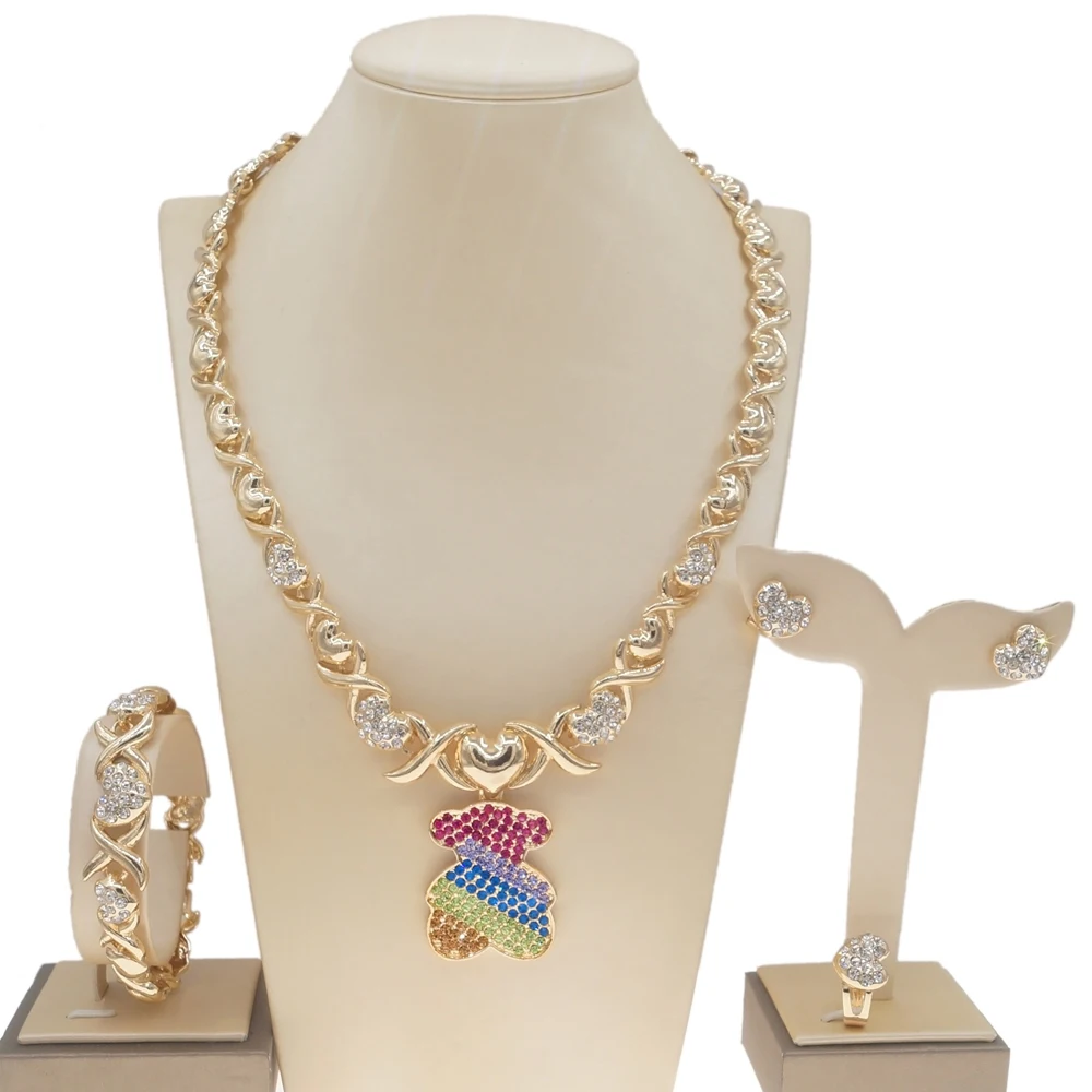 

Yulaili XO Series Love Diamond Colored Bear Pendant Party Banquet Ladies Necklace Earrings Ring Bracelet Set