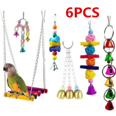 

Parrot toys set 6-piece color wooden swing chewing toy five-pointed star bell string pet bird toys