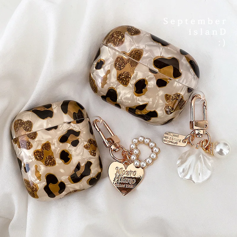 

Pretty Leopard Pearl shell TPU diamond Keychain Wireless earphone case for airpods 1/2 pro 3, Colorful