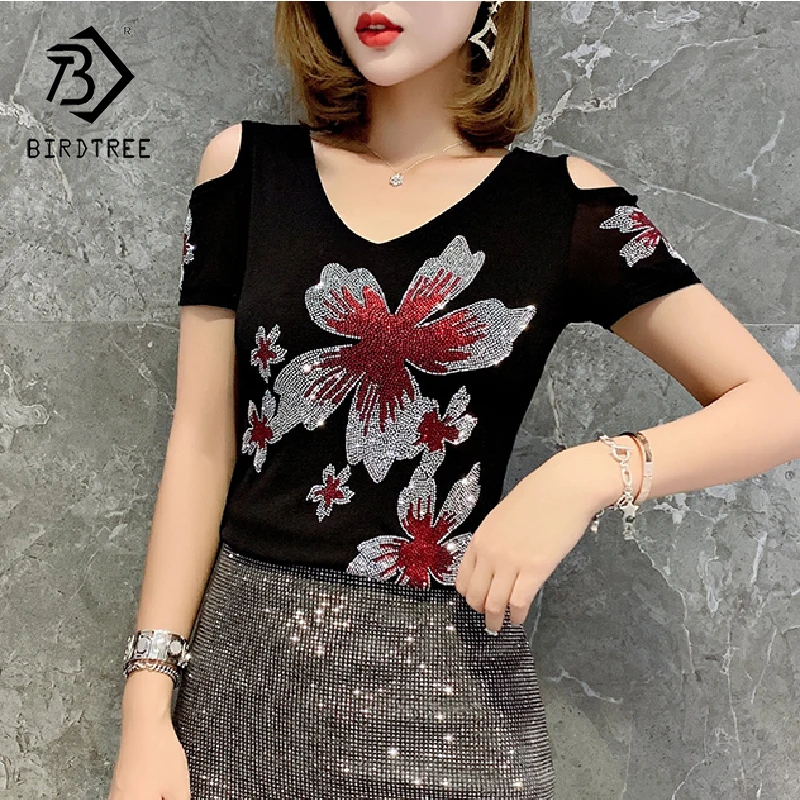 

Summer Korean Style Mesh T-Shirt Girls Fashion Off Shoulder Shiny Diamonds Women Tops Short Sleeve Sexy Back Tees 2021 T17115