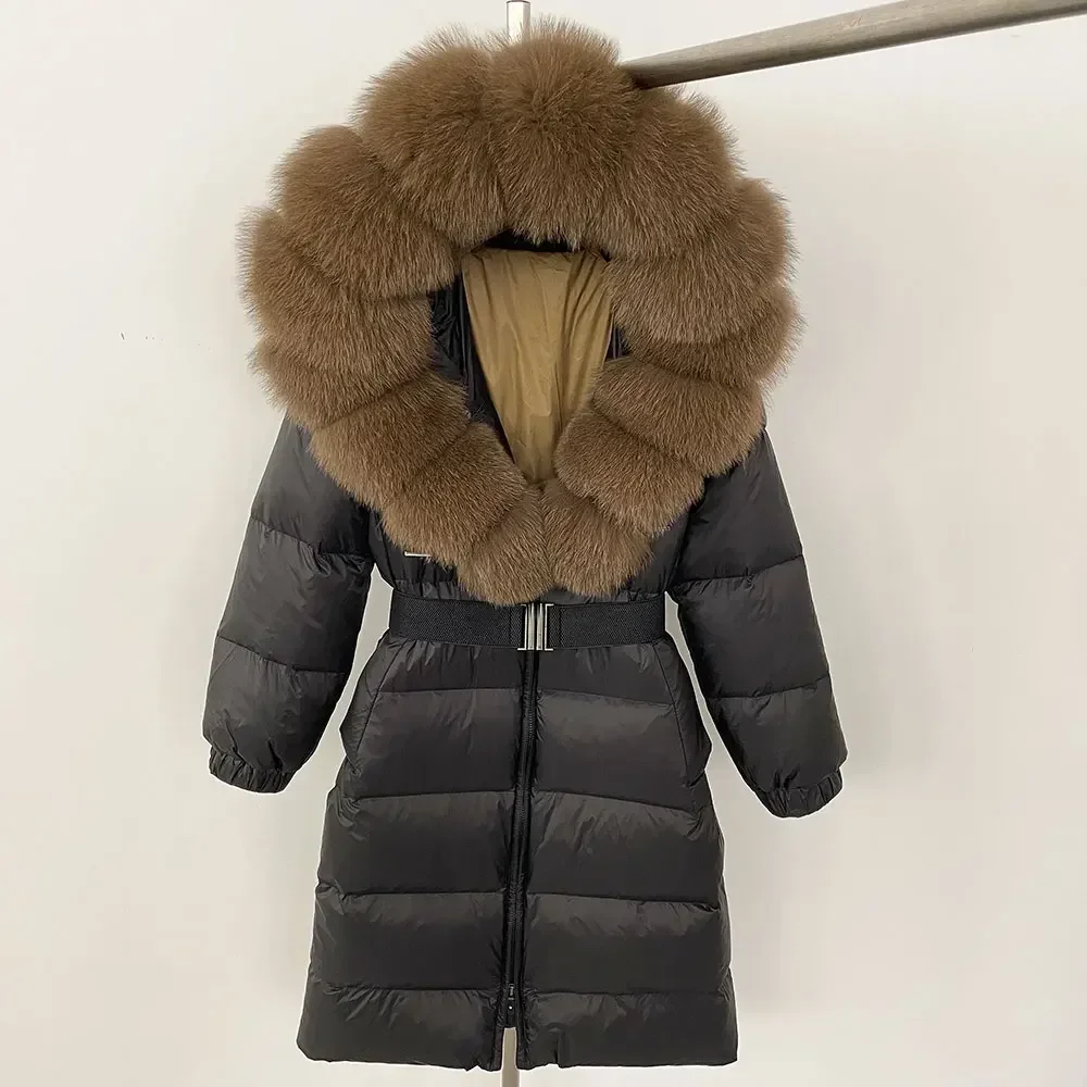 OFTBUY New Natural Thick Warm 90% White Duck Down Coat Long Winter Jacket Women Real Big Fox Fur Collar Belt Loose Puffer Parka