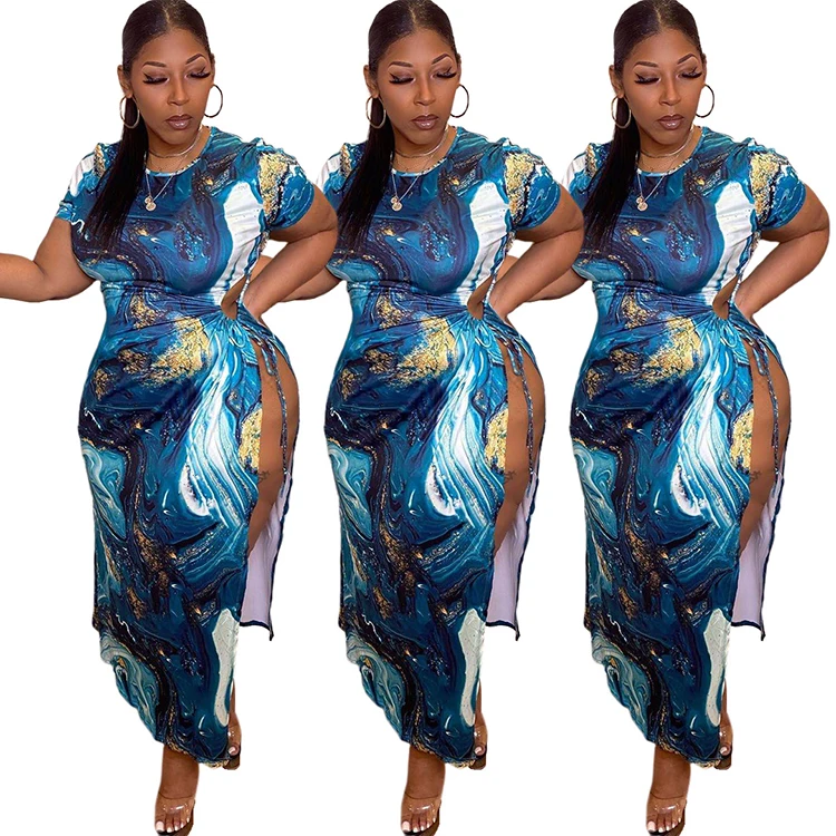 

AP7019 Fashion Sexy Lace-Up Print Dress Womens Plus Size Maxi Dress Summer Clothes