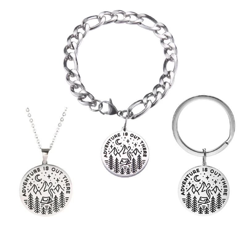 Factory Stainless Steel Adventure Is Out There Graduation Gift Custom Inspirational Bracelets Necklace Key Chain Jewelry Set
