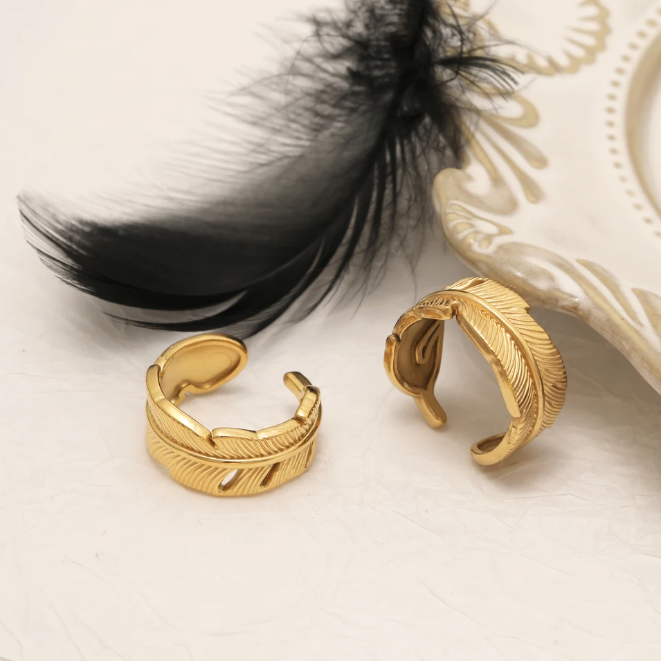 

VIANRLA Stainless Steel Feather Shaped Open Ring Minimalist Unique Design Women Jewelry Gifts Drop Shipping