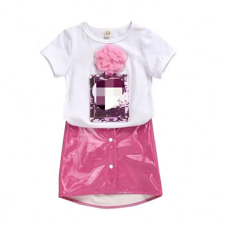 

2021 Toddler Kids Baby Girl Summer Clothes Short Sleeve White T-shirt +Mini PU Skirt Outfits Set, Same as picture show