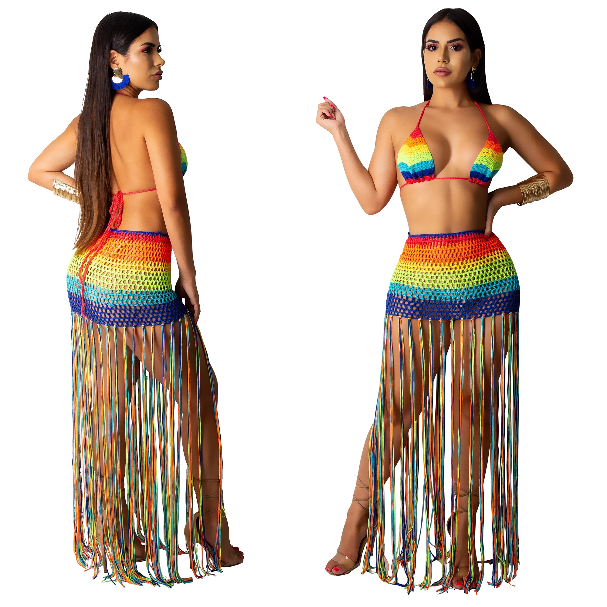 

2021 crochet mesh cover up two pieces skirt set colorful sheer cover ups beach dress sexy