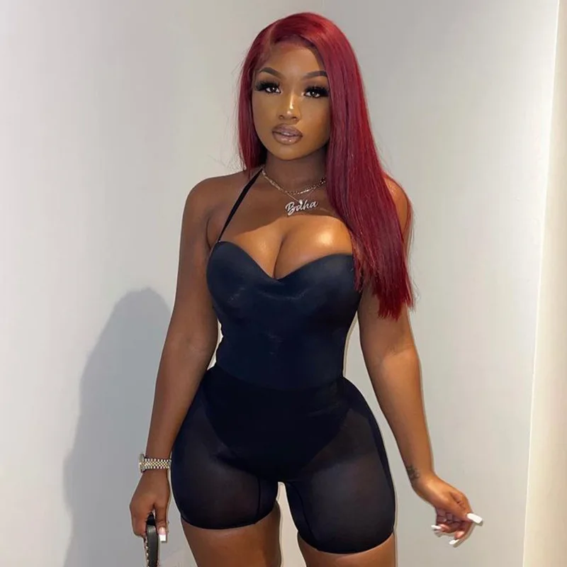 

2022 summer woman outfit jumpsuits sexy mesh rompers bodycon jumpsuits with shorts