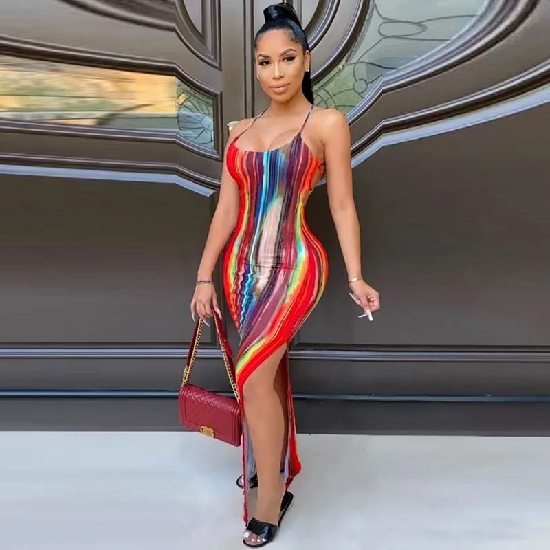 

Suspender Sexy Bandage Backless Stripe Bodycon Square Neck Summer Maxi Dresses