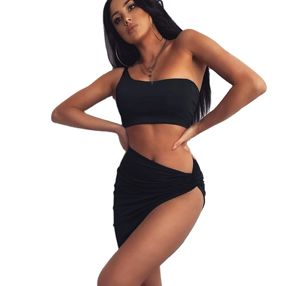 

Ins Oneshoulder backless short camisole irregular skirt suit sexy two piece suit, Picture color