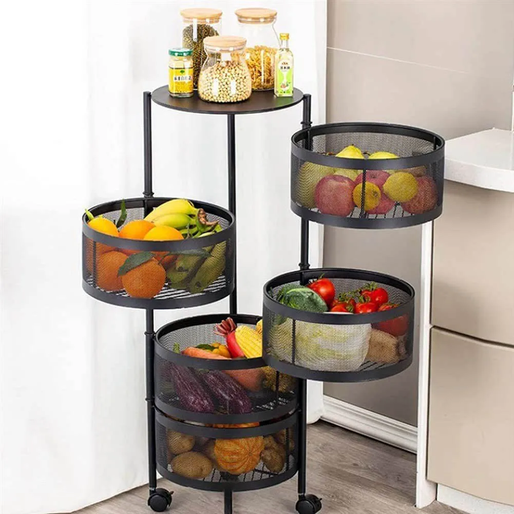 

Black Rotating Fruit Storage Basket Rack 5-Tier Rolling Utility Cart, Black white